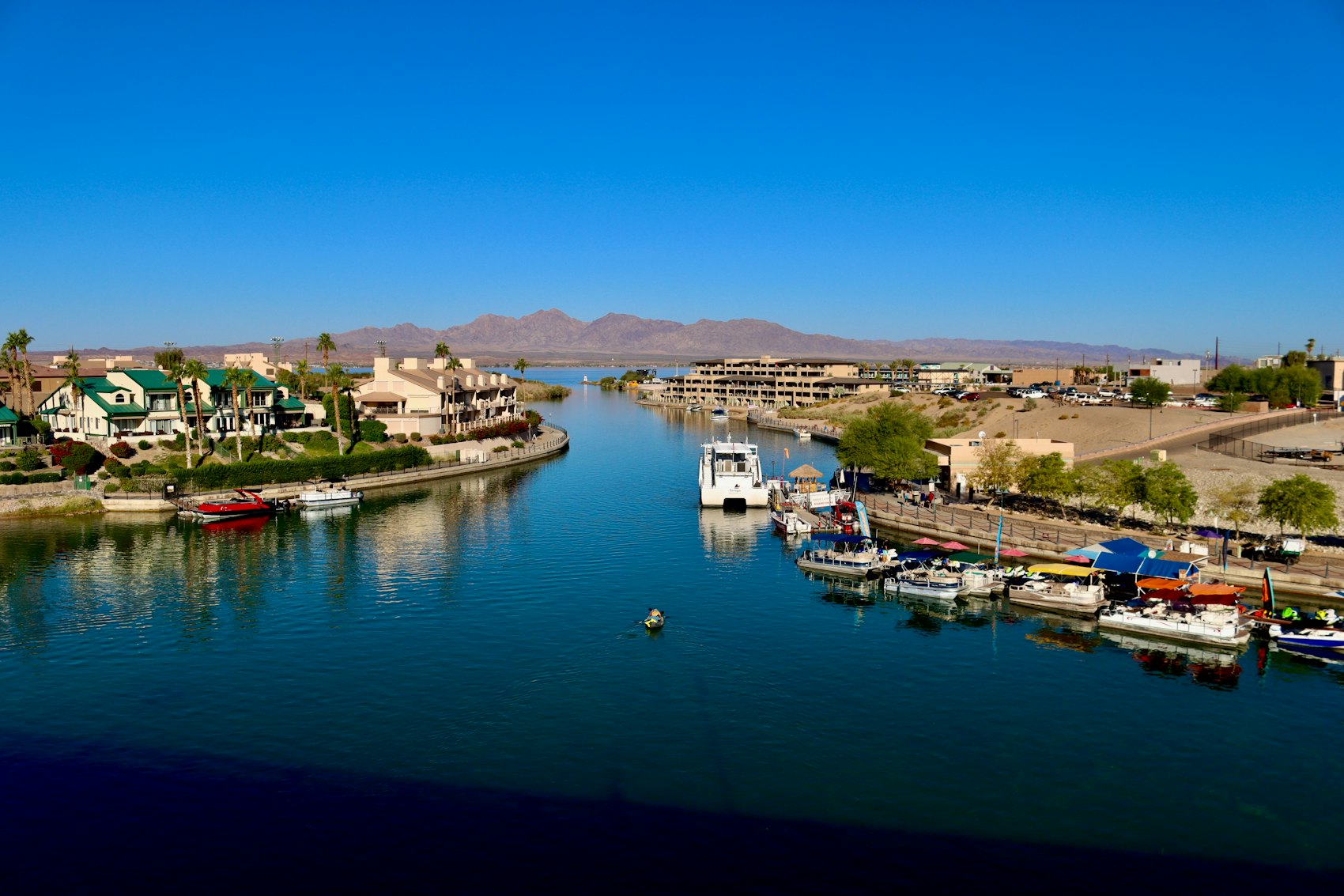 Boats on Lake Havasu near the Colorado River channel — the boating base you head out from for the Route 66 day trip to Kingman