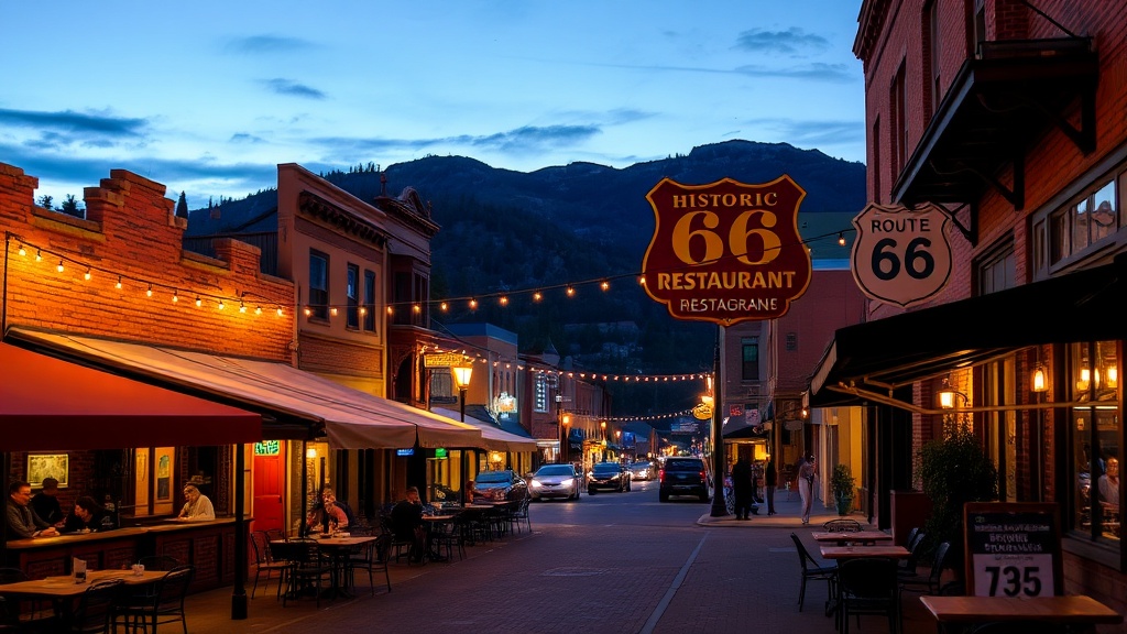 Downtown Flagstaff restaurant patios along Route 66 at dusk