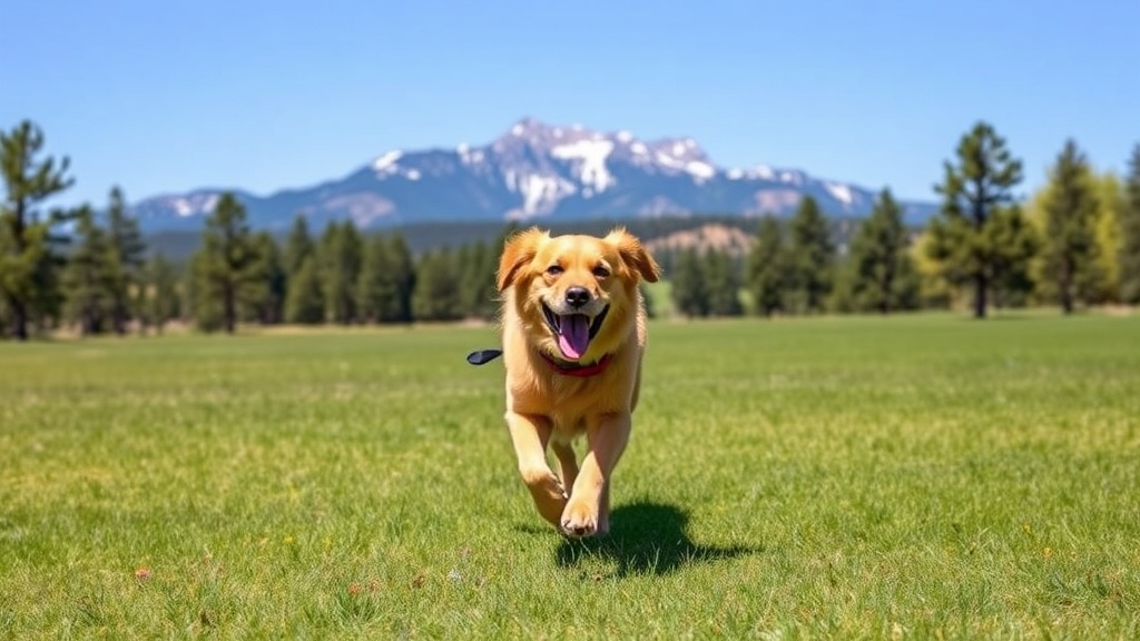 Dog running off-leash at Buffalo Park in Flagstaff with the San Francisco Peaks in the background