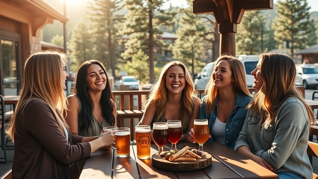 Friends enjoying a sunny afternoon on a downtown Flagstaff patio with ponderosa pines and mountain views