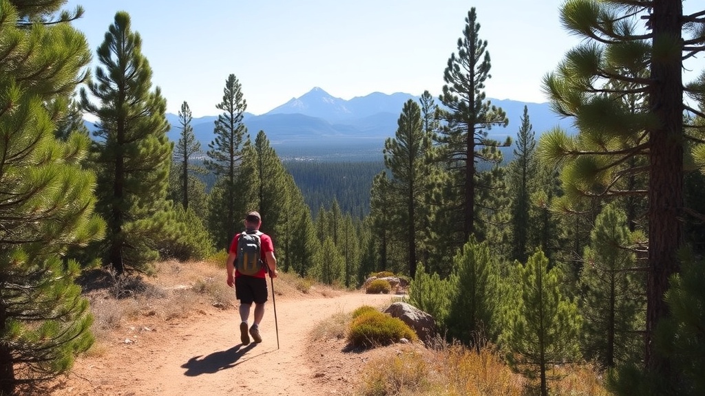 Hikers on a pine-lined trail near Flagstaff with San Francisco Peaks in the background