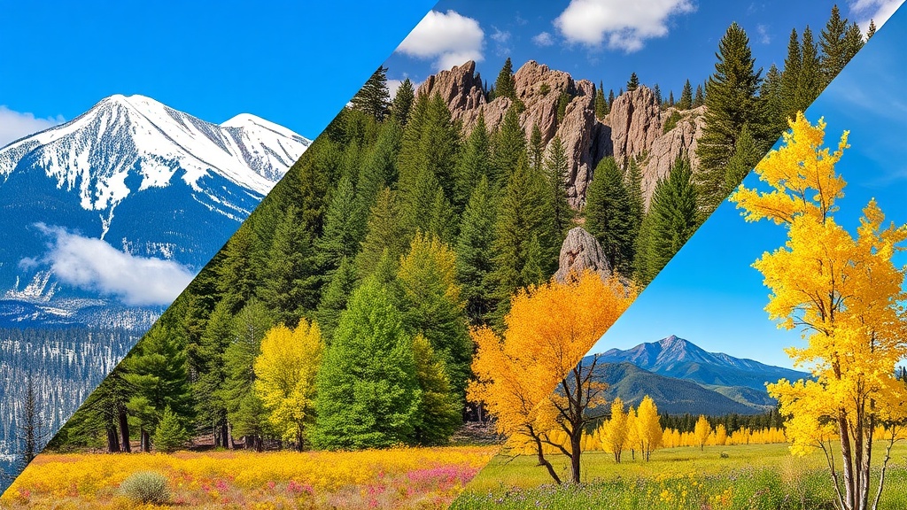 Flagstaff Arizona in four seasons — snow-capped peaks in winter, green pines in summer, golden aspens in fall