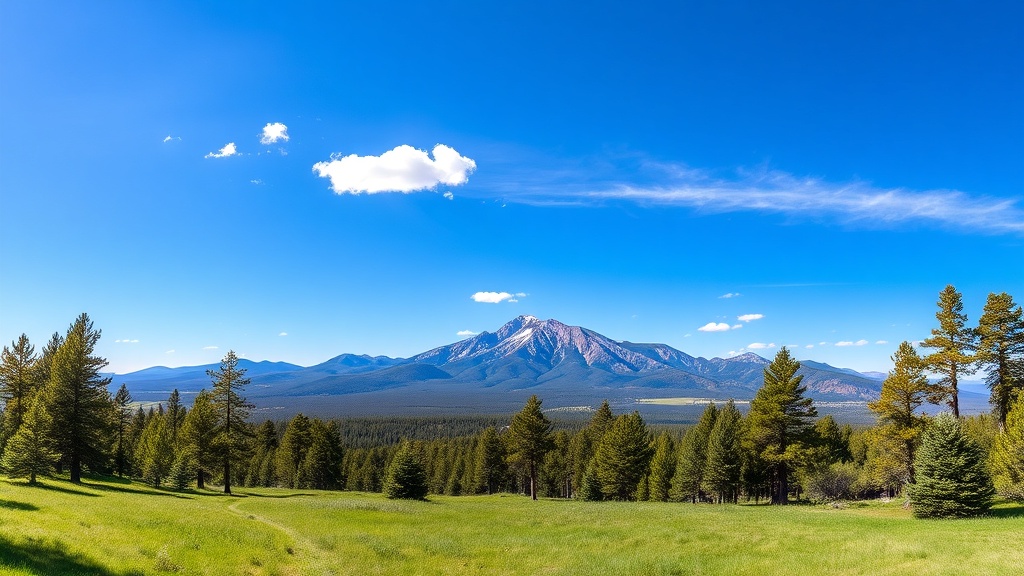 Summer afternoon in Flagstaff with ponderosa pine forest and San Francisco Peaks under blue sky