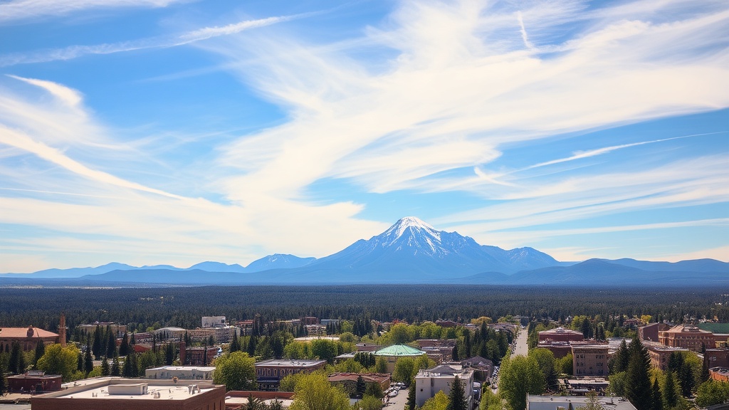 Panoramic view of downtown Flagstaff with San Francisco Peaks and pine forest