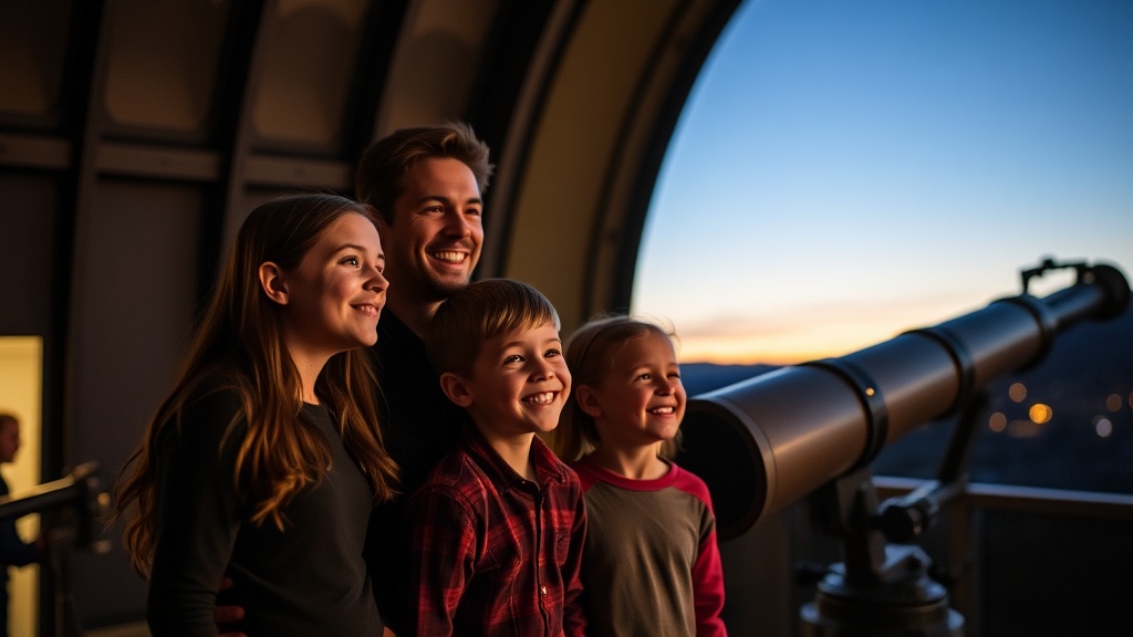 Family with children at Lowell Observatory in Flagstaff, looking through a telescope at dusk