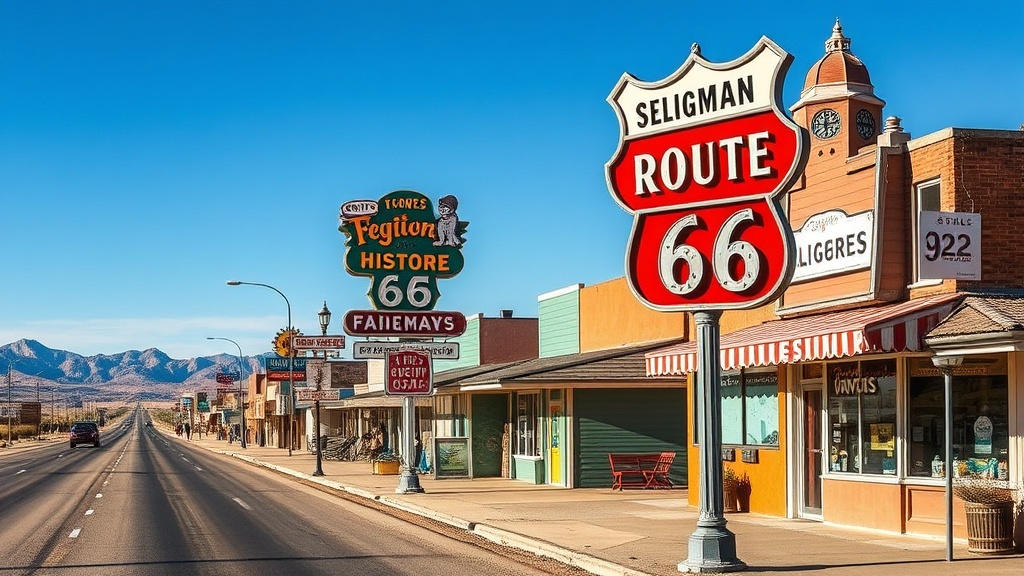 Historic Route 66 through Seligman, Arizona with retro roadside signs on the drive from Las Vegas to Flagstaff