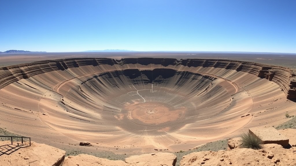 View from the observation deck at Meteor Crater in Arizona, showing the vast impact basin and flat desert beyond