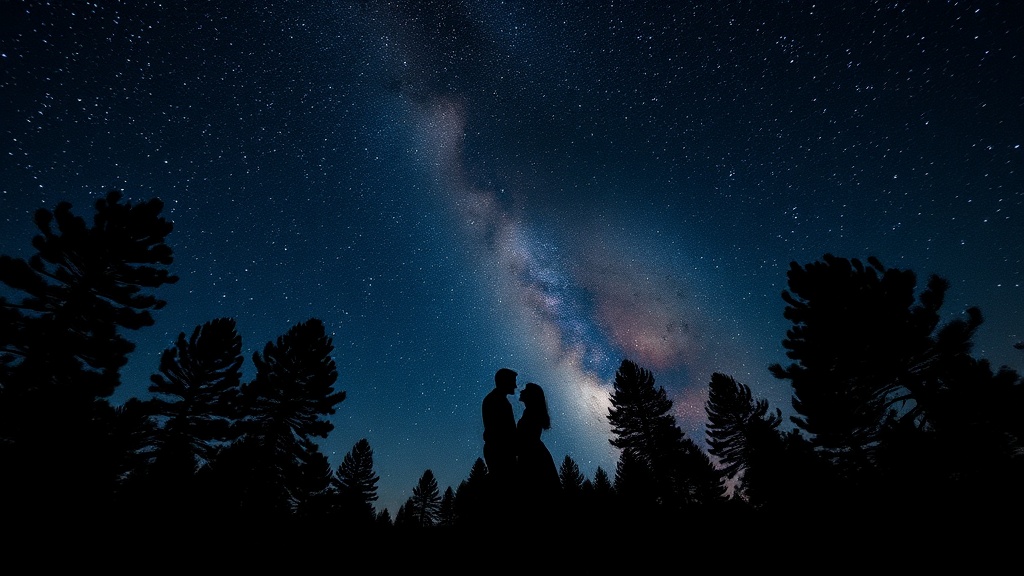 Couple stargazing under the Milky Way near Flagstaff, Arizona, with ponderosa pine silhouettes