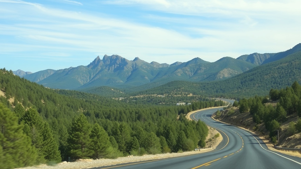 The scenic drive from Tucson to Flagstaff through central Arizona with Prescott's forested hills and blue sky