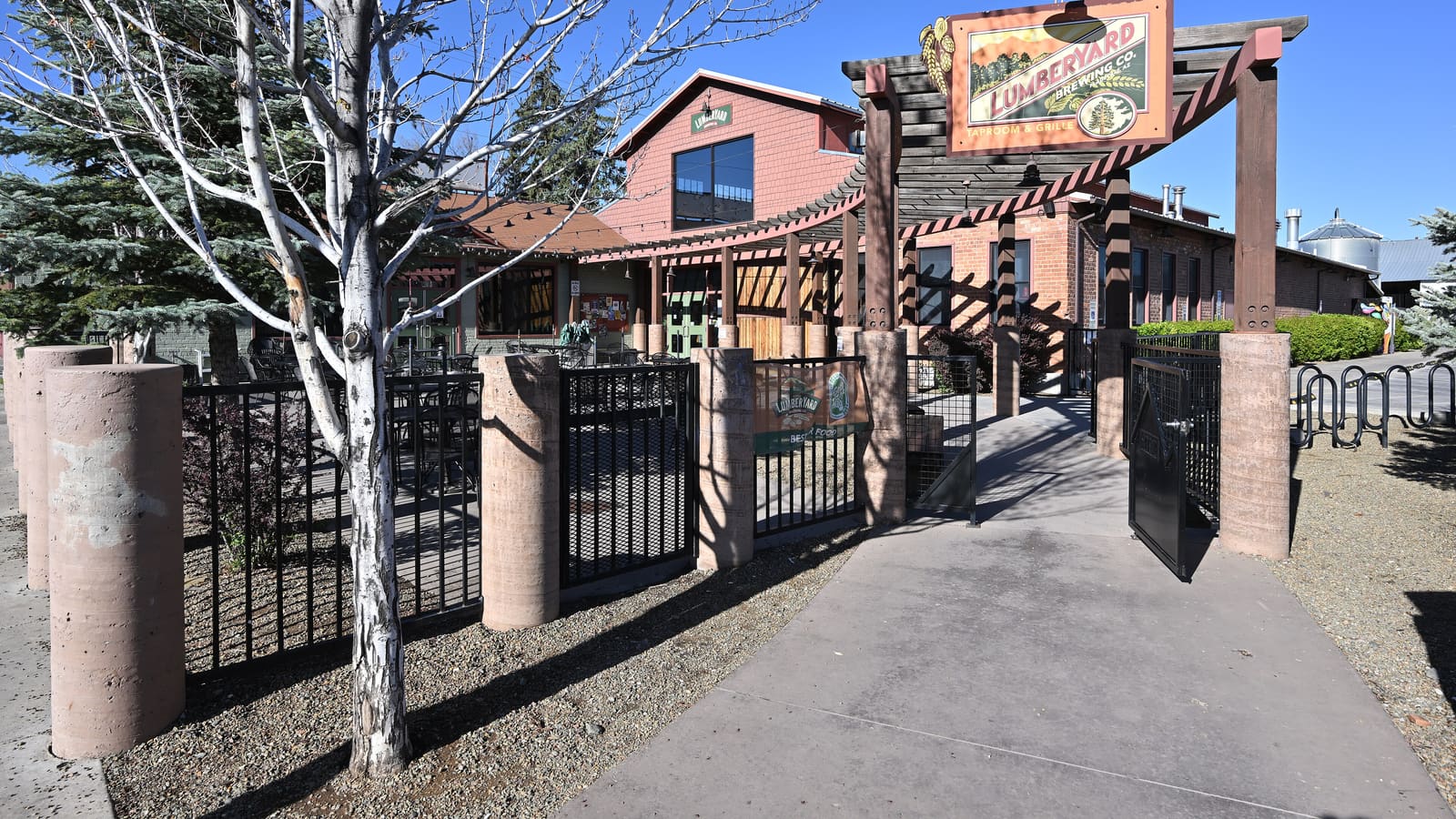 The entrance and patio of Lumberyard Brewing Company on South San Francisco Street in Flagstaff