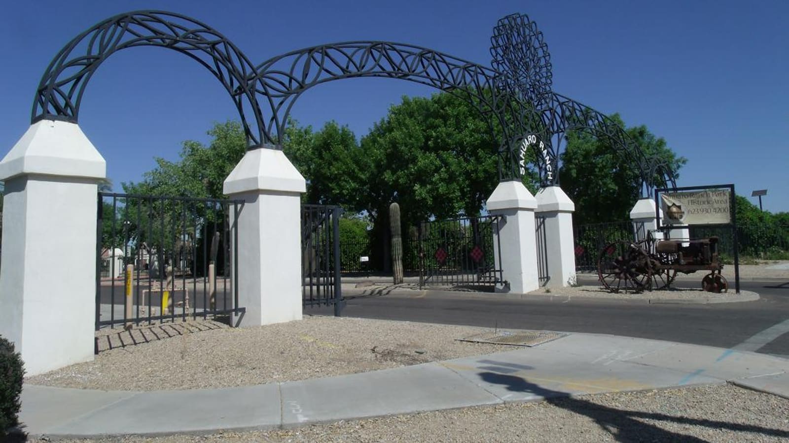 The main entrance to Sahuaro Ranch Park, a historic city park in Glendale, Arizona