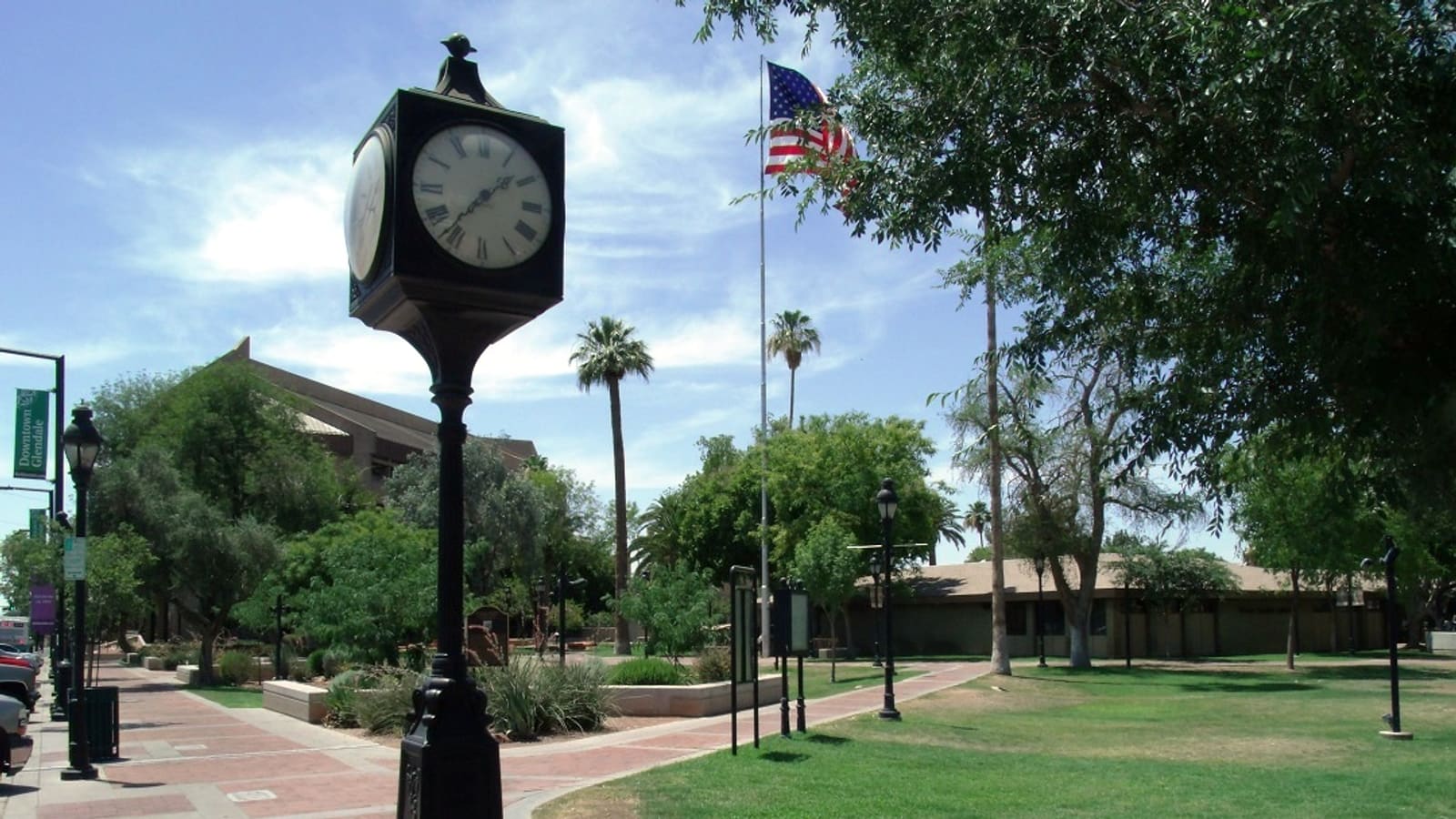 Murphy Park and its historic town clock in downtown Glendale, Arizona