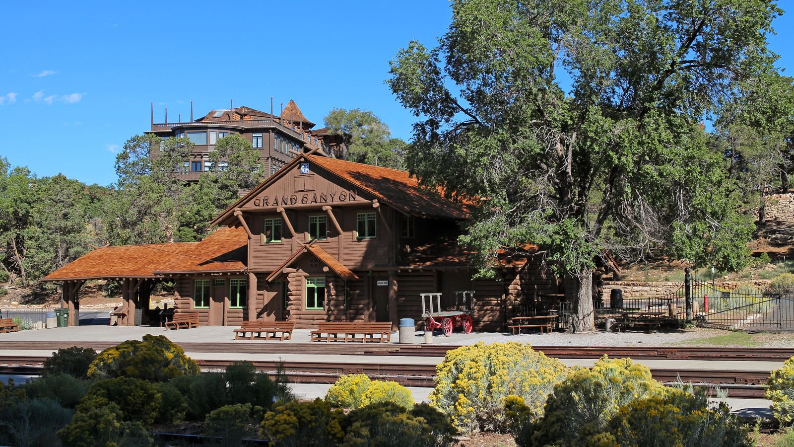 The historic 1909 Santa Fe Railway Depot at Grand Canyon Village