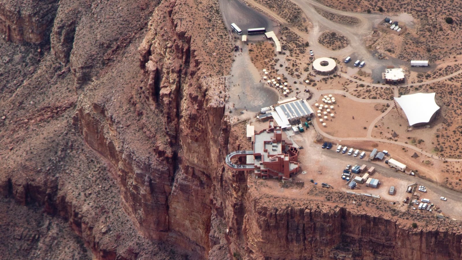An aerial view of the Grand Canyon Skywalk at Grand Canyon West