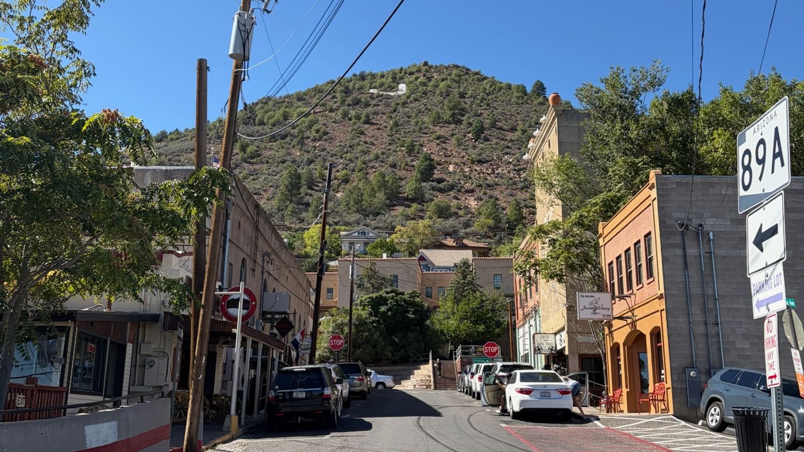 Historic storefronts along Jerome Avenue, the main street in Jerome, Arizona, home to the town's art galleries and shops.