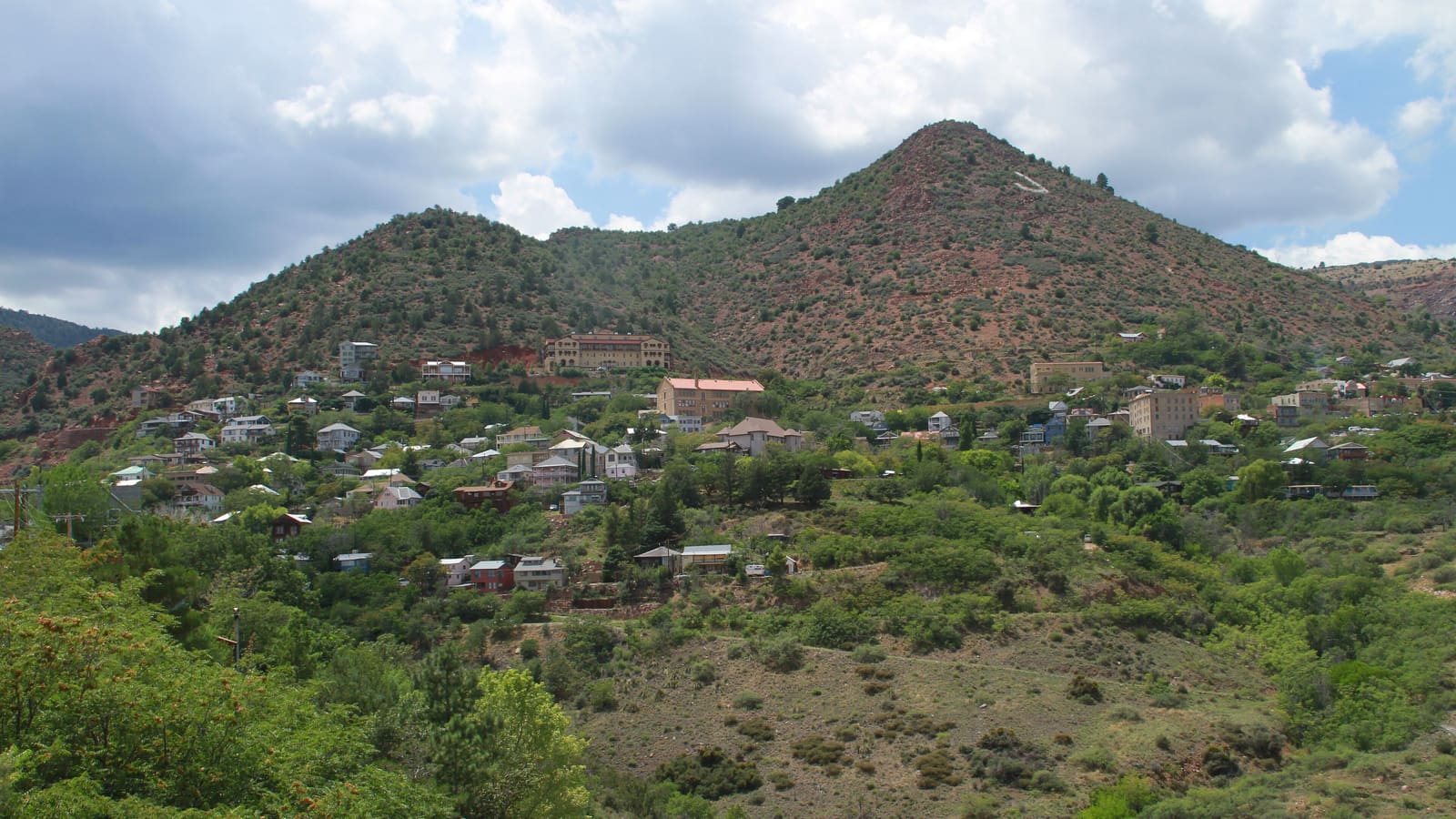 Aerial view of Jerome, Arizona, the historic mining town built into the slope of Cleopatra Hill.