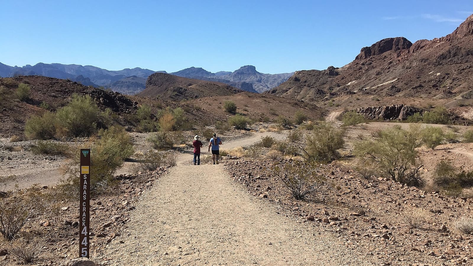 A gravel trail and a Sara's Crack trail marker at SARA Park near Lake Havasu City, Arizona, with desert hills beyond