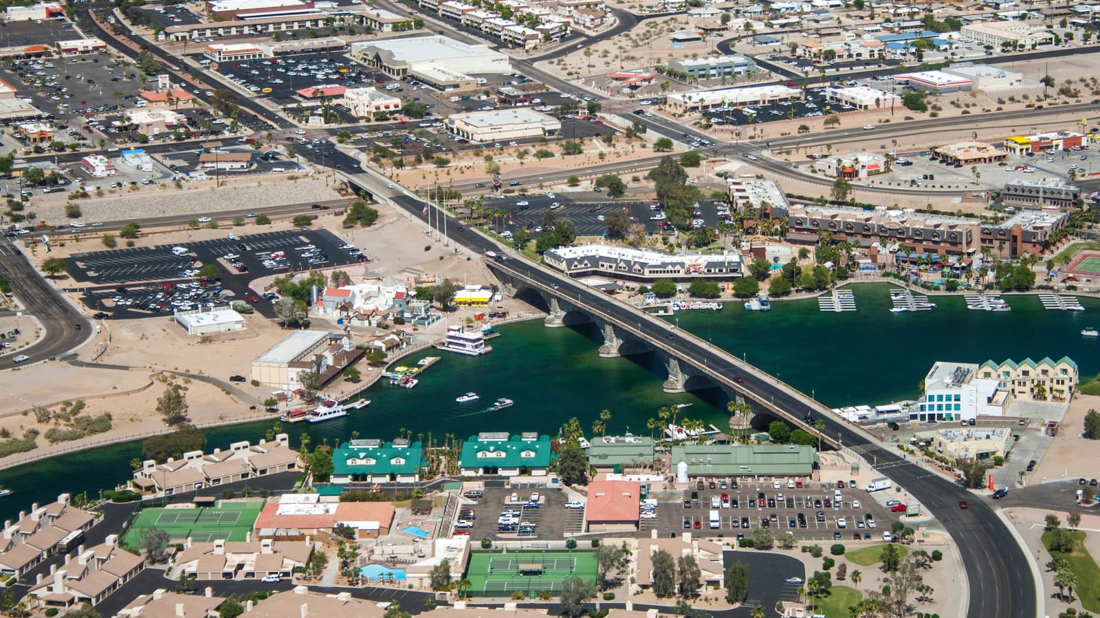 An aerial view of London Bridge over the channel in Lake Havasu City, Arizona
