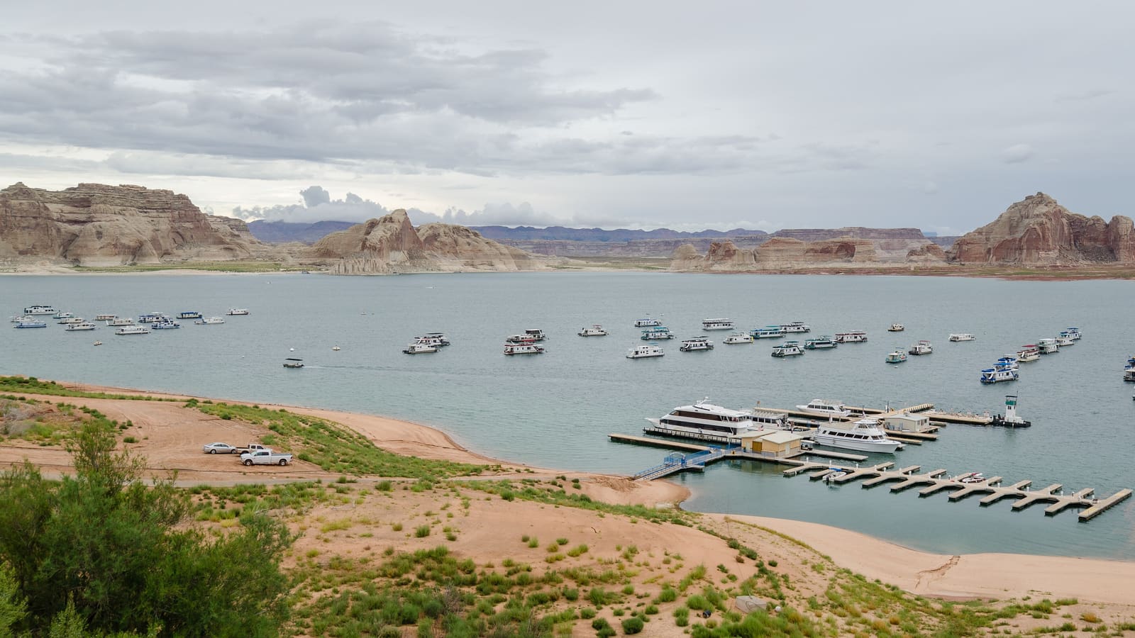 Lake Powell and its marina set against red rock cliffs near Page, Arizona