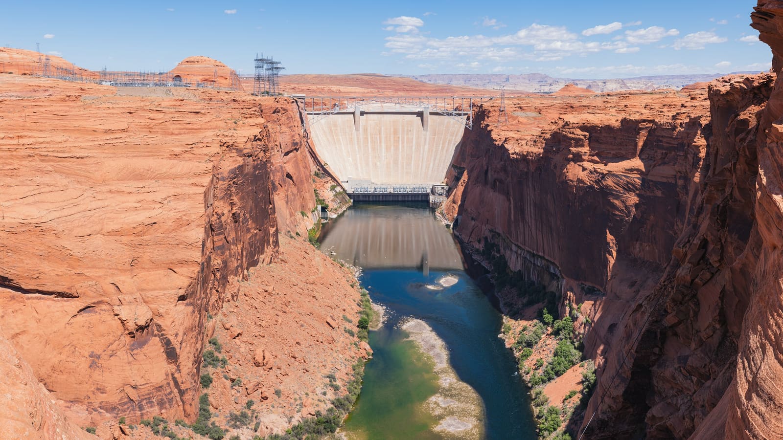 Glen Canyon Dam and the US-89 bridge above the Colorado River at Page, Arizona