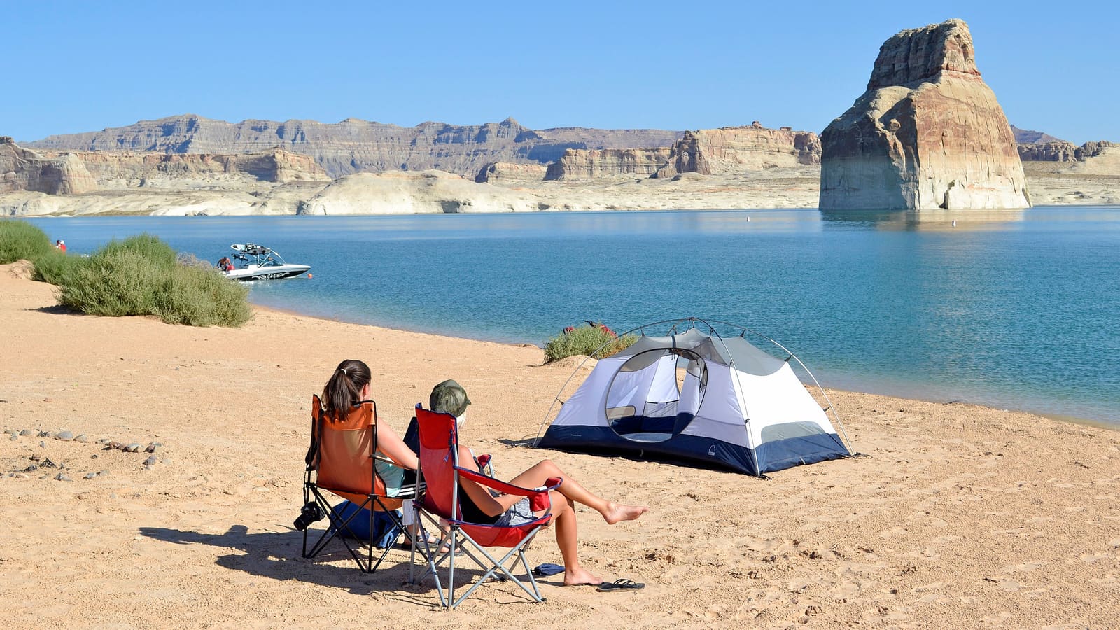 Primitive lakeshore camping at Lone Rock Beach on Lake Powell