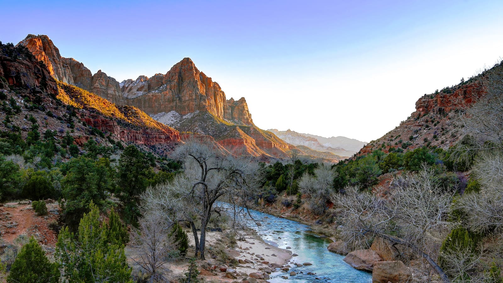 The Watchman peak above the Virgin River in Zion National Park, Utah