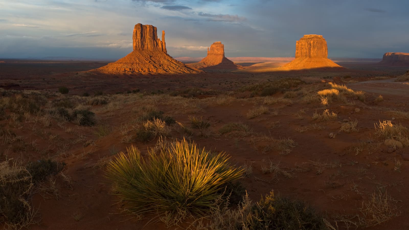 The Mitten buttes of Monument Valley at sunset on the Arizona-Utah border