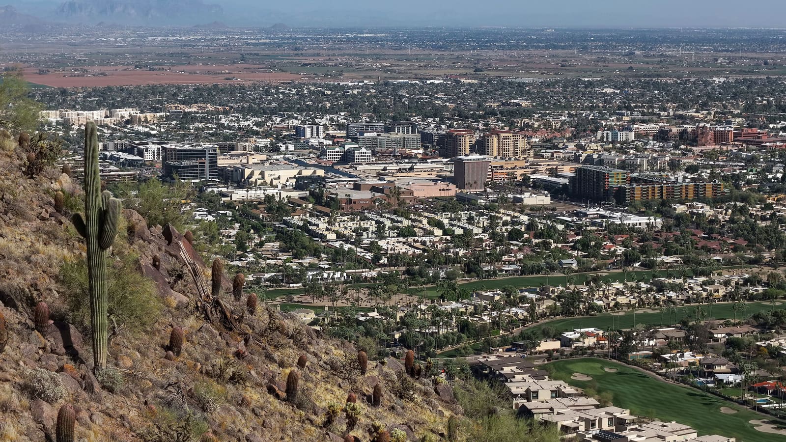 An aerial view of downtown Scottsdale, Arizona, seen from Camelback Mountain