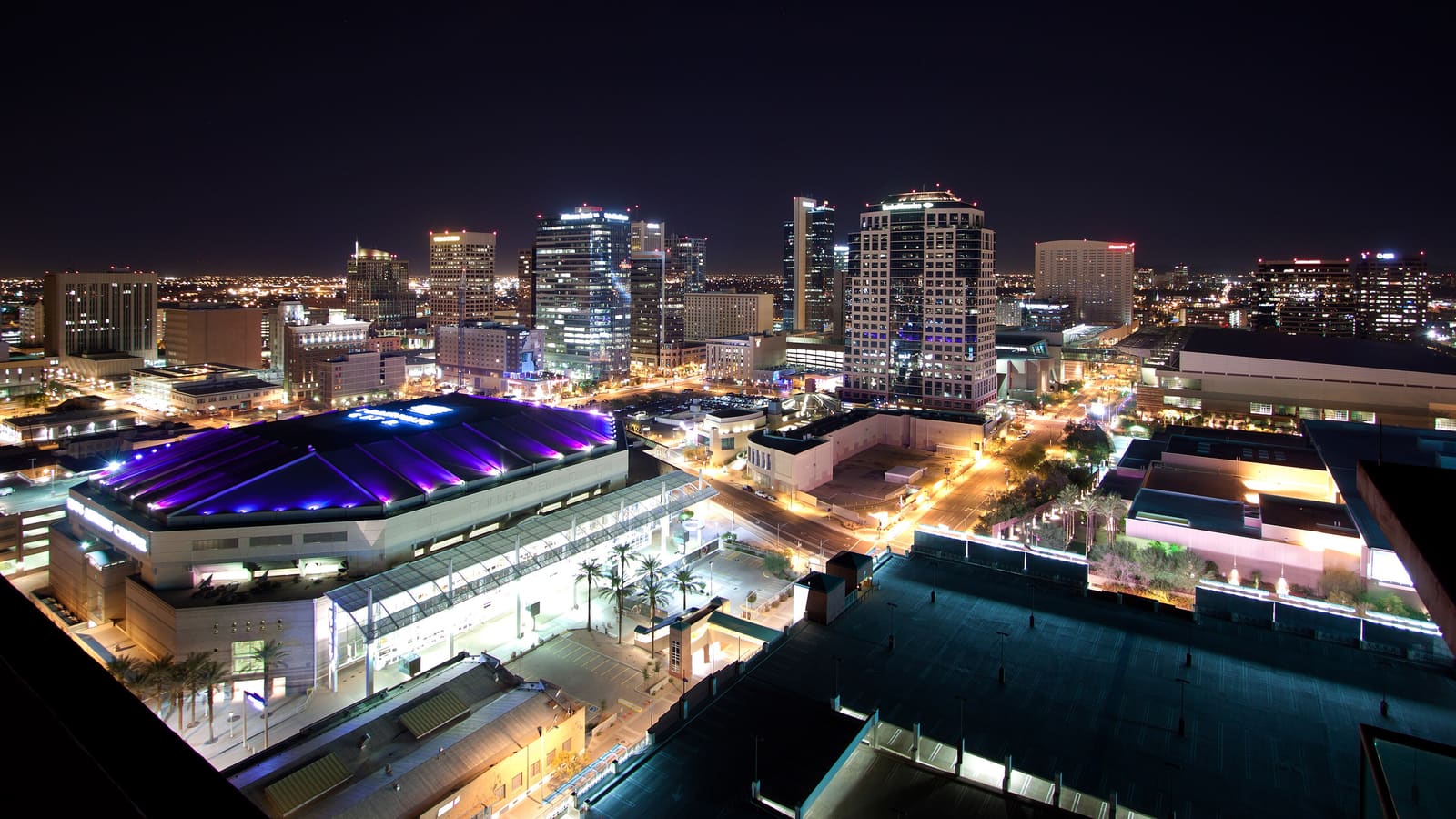 The downtown Phoenix, Arizona skyline lit up at night