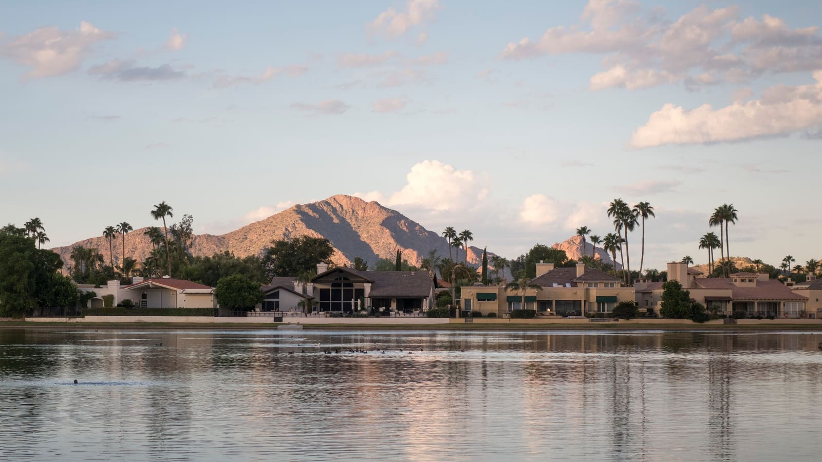 Lake Marguerite in the McCormick Ranch neighborhood of Scottsdale, Arizona, with Camelback Mountain beyond