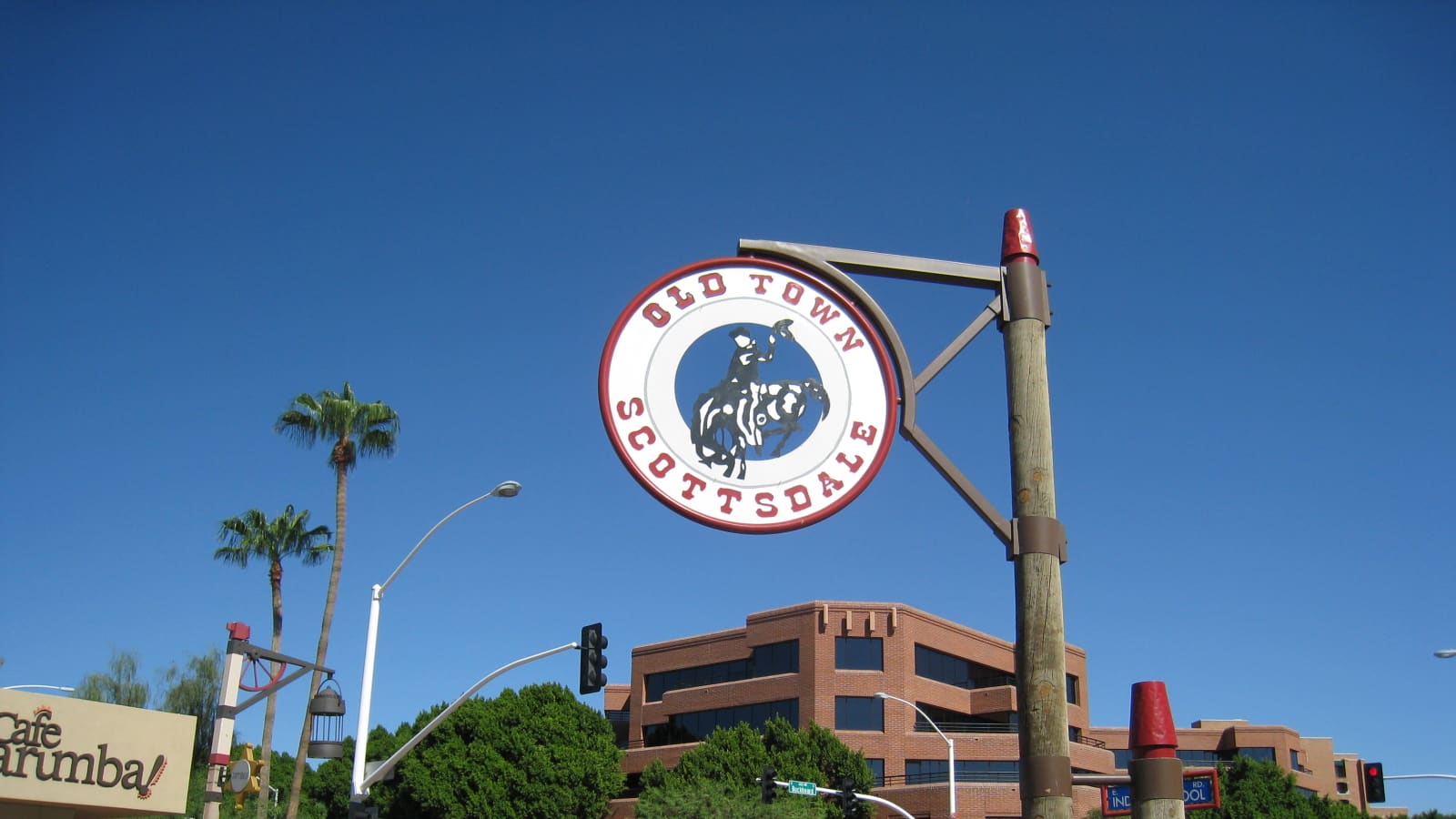 The "Old Town Scottsdale" sign at the corner of Indian School Road, near the district's cluster of walkable brewpubs