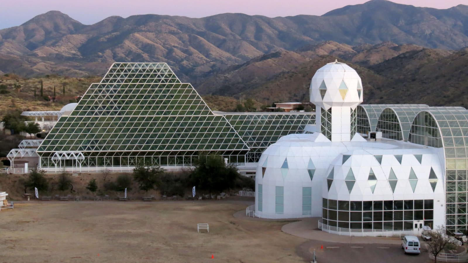 The Biosphere 2 campus and its glass geodesic domes near Oracle, Arizona, outside Tucson
