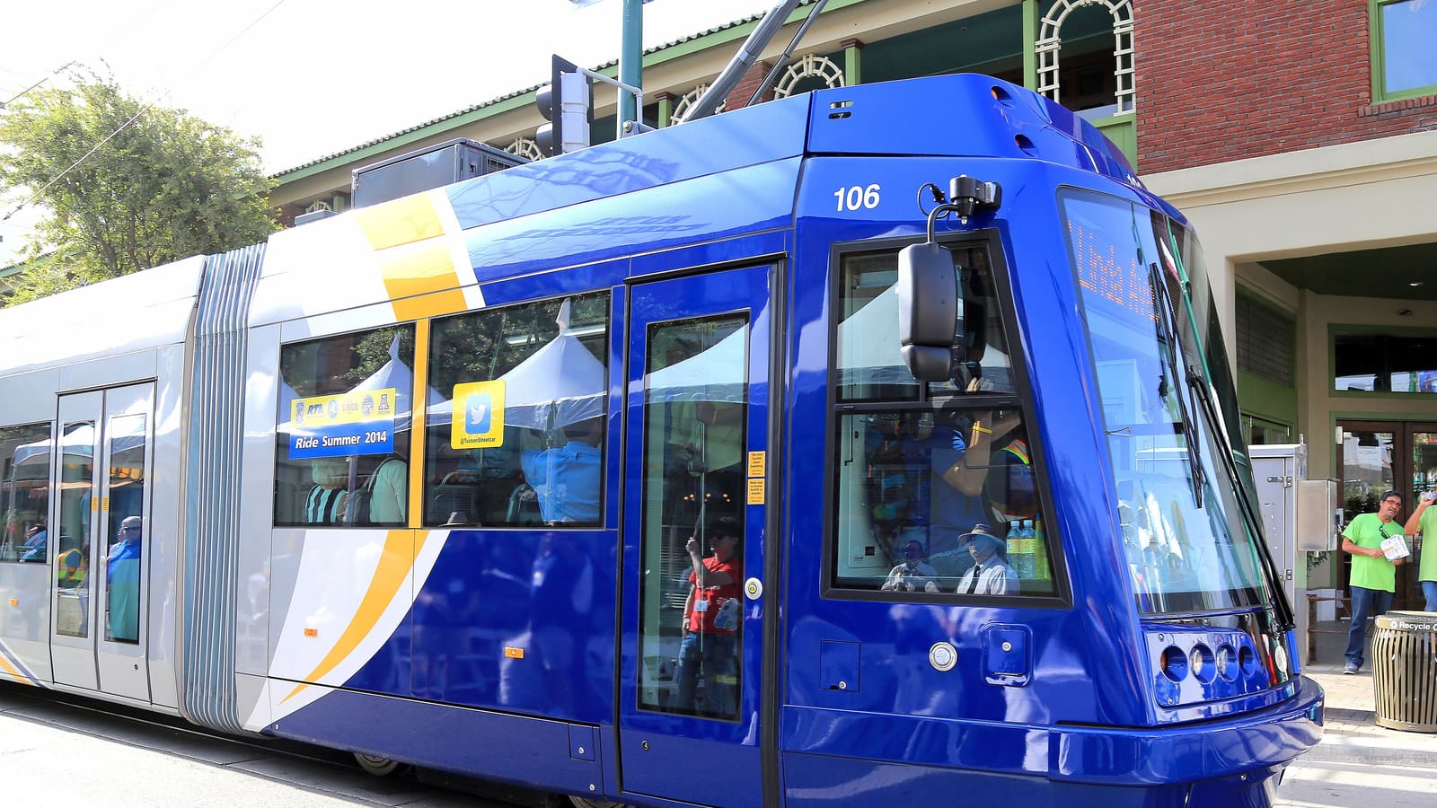 The Sun Link streetcar traveling along 4th Avenue in downtown Tucson, Arizona