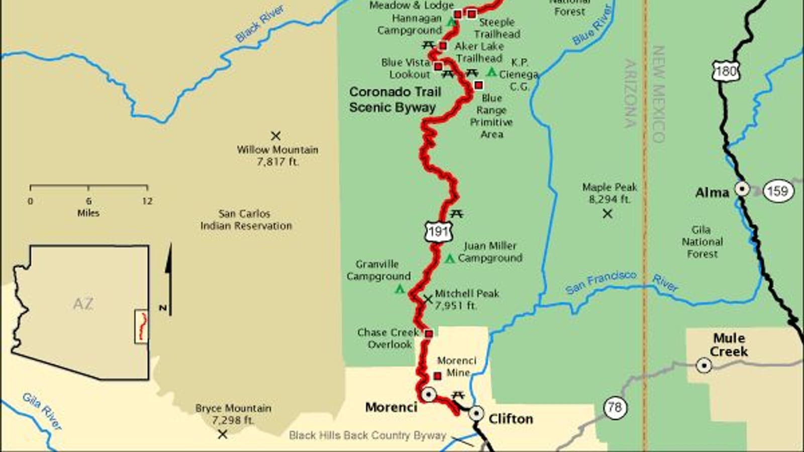 The Coronado Trail Scenic Byway (US 191) winding through the White Mountains of Arizona.