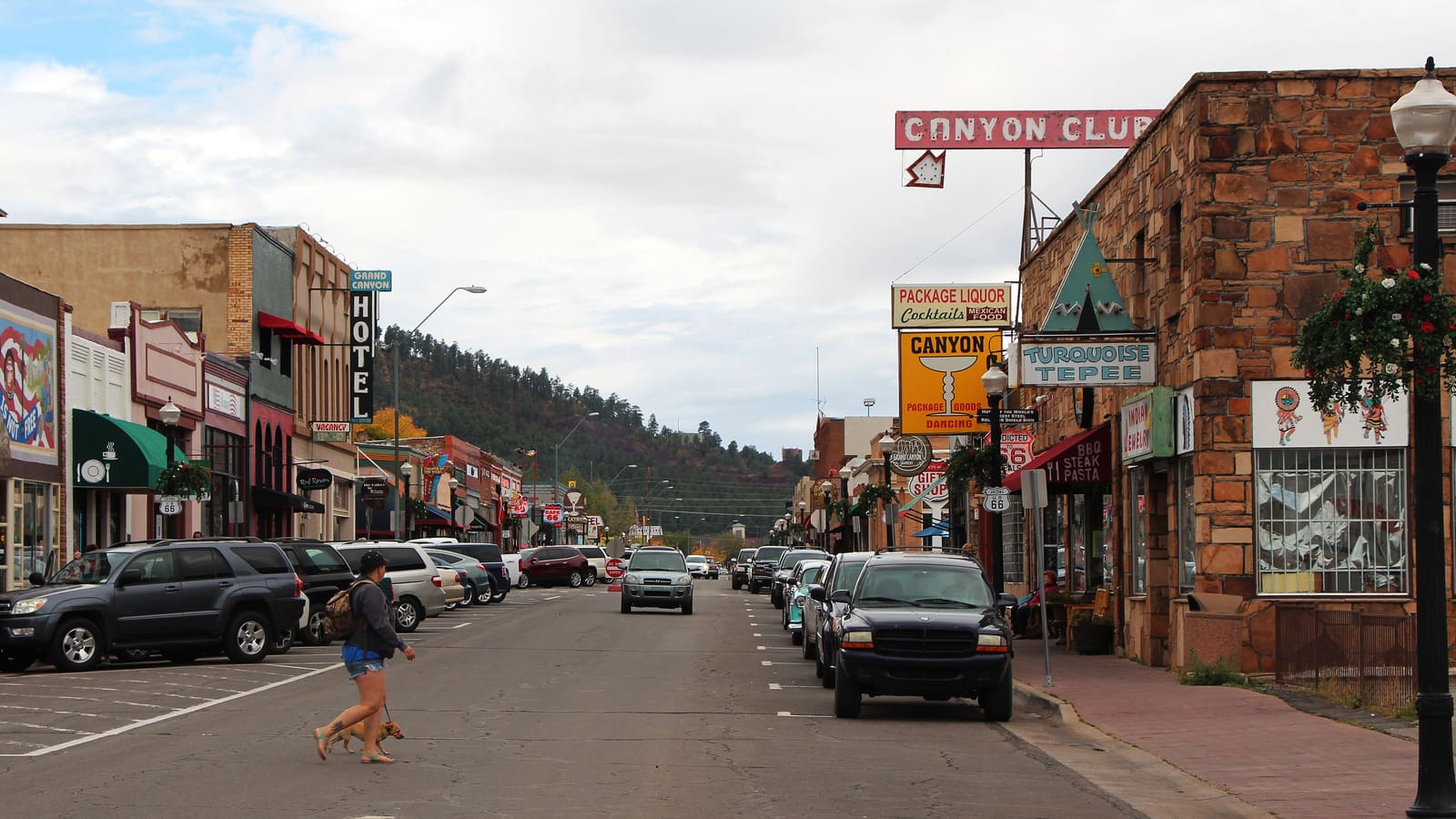 Storefronts along the Route 66 streetscape in downtown Williams, Arizona