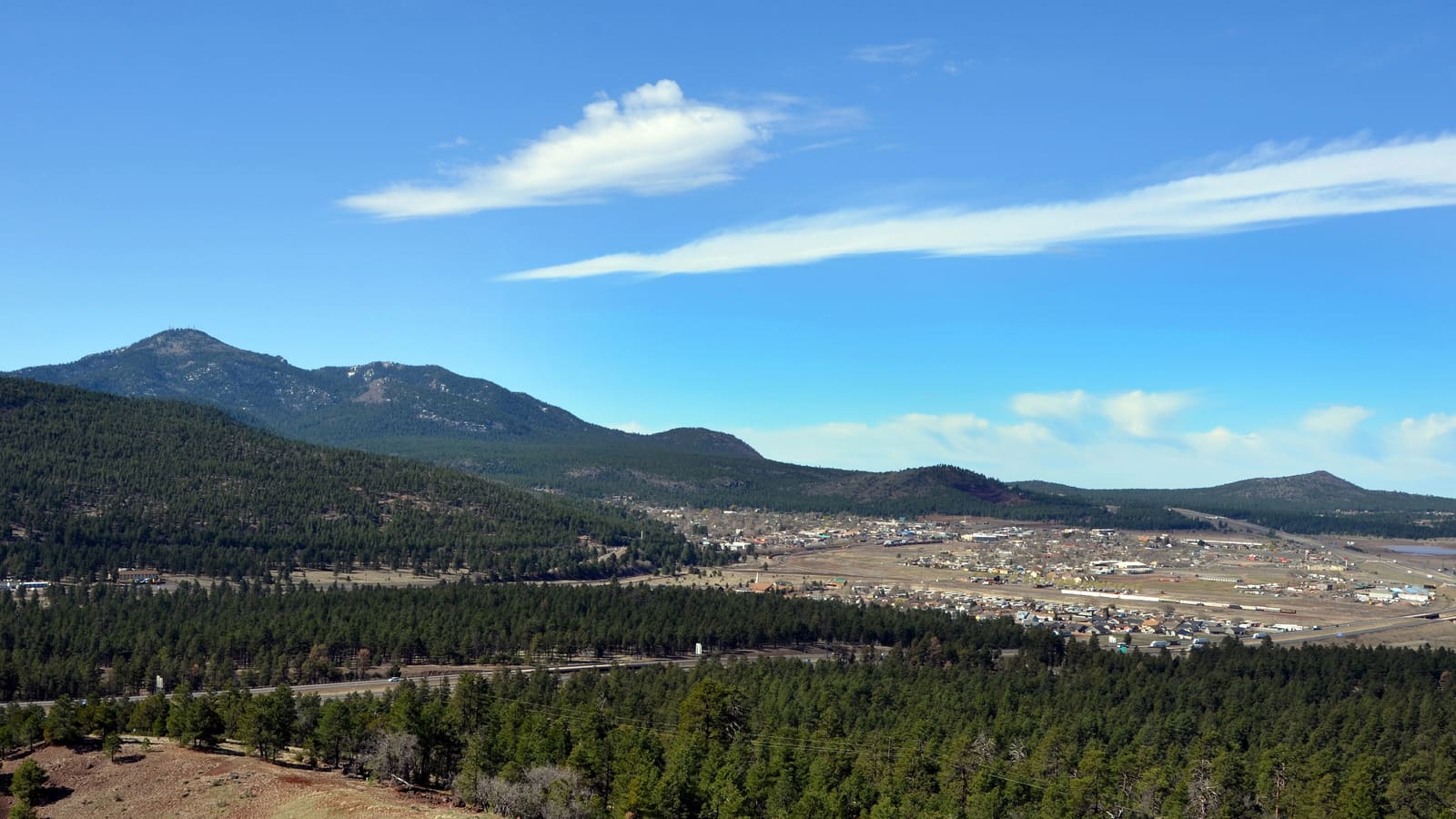 The town of Williams, Arizona at the base of Bill Williams Mountain in the Kaibab National Forest