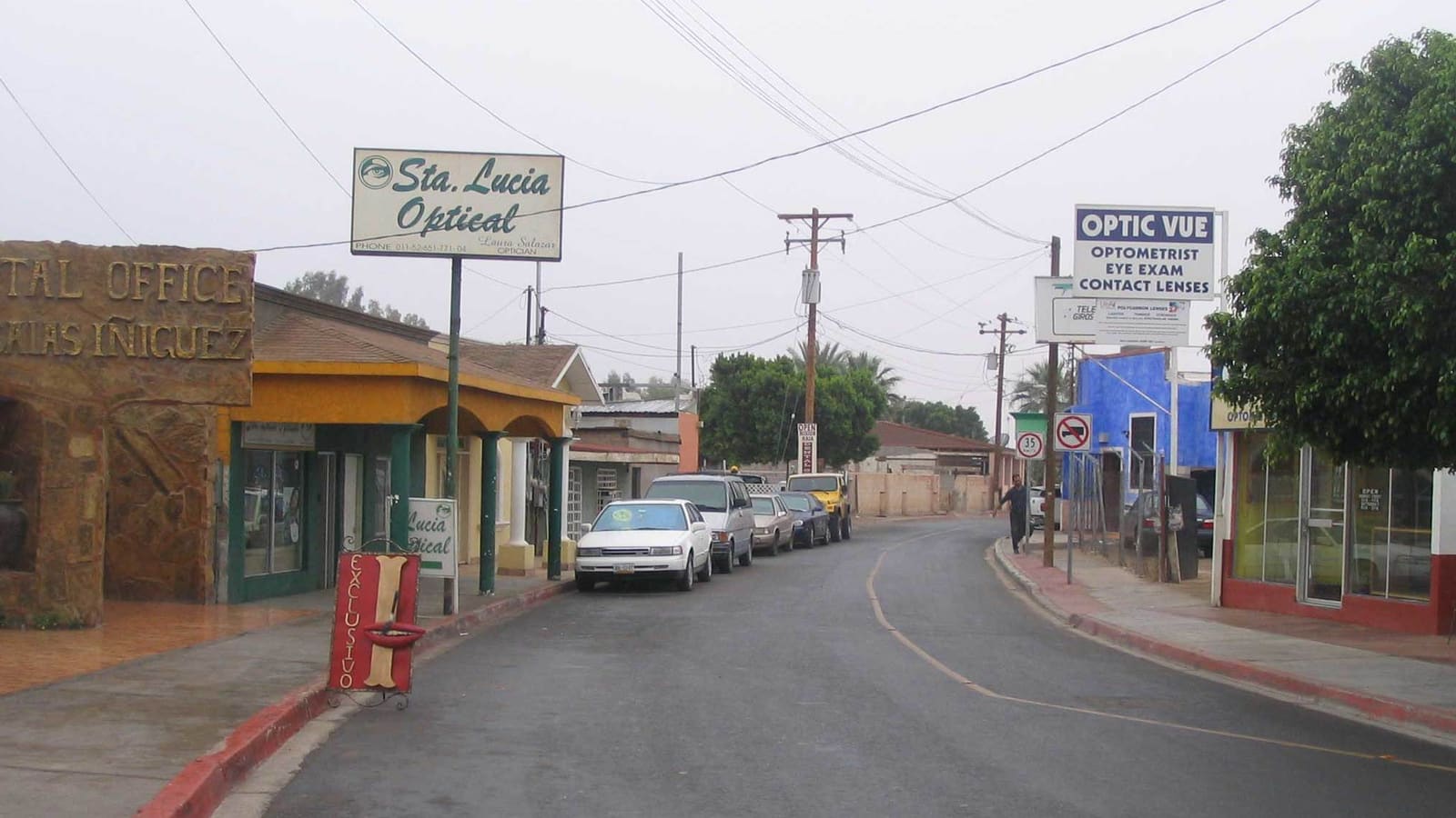 A street of shopfronts in Los Algodones, Baja California, Mexico