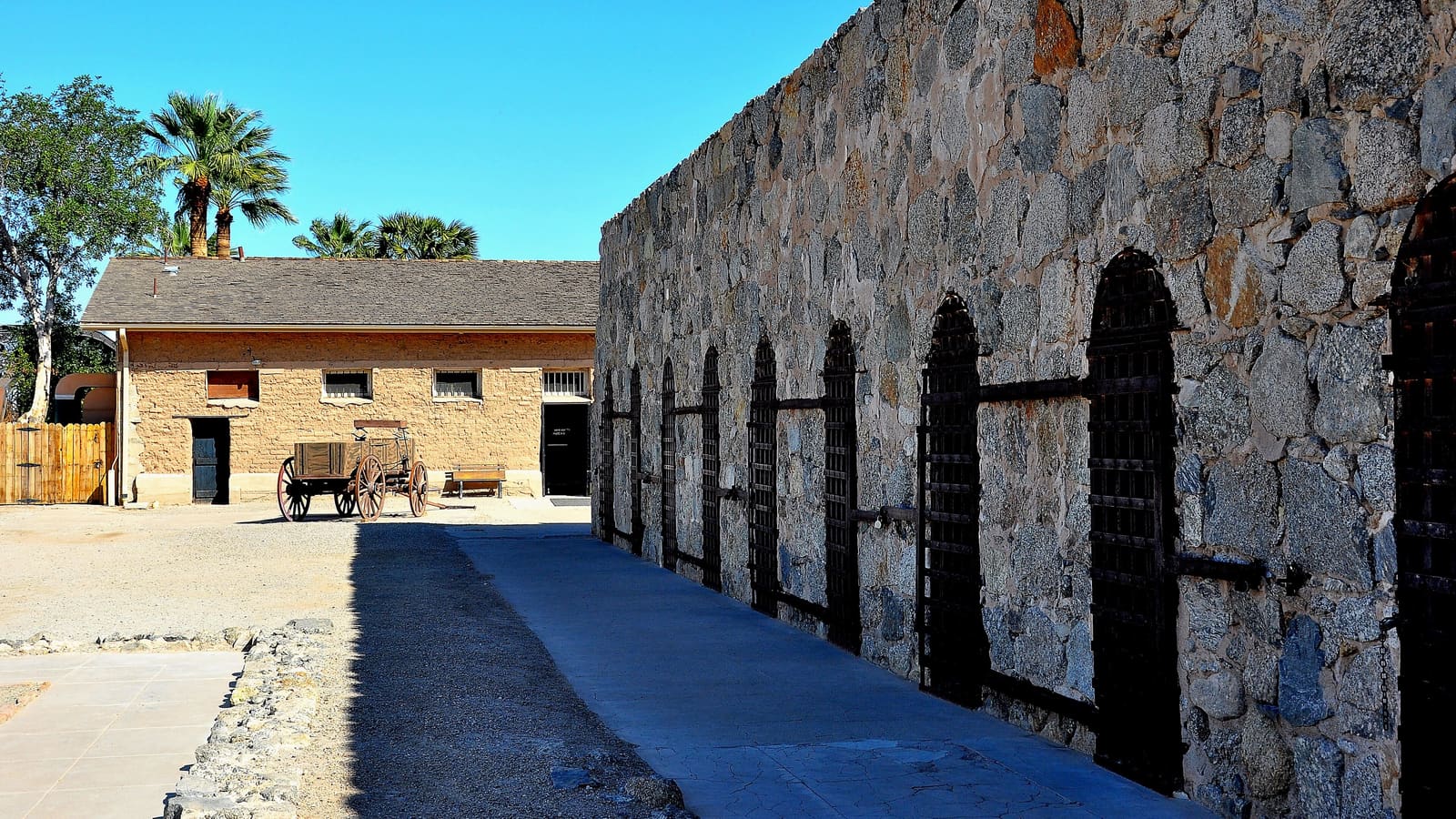 The stone cell block and grounds of Yuma Territorial Prison in Yuma, Arizona