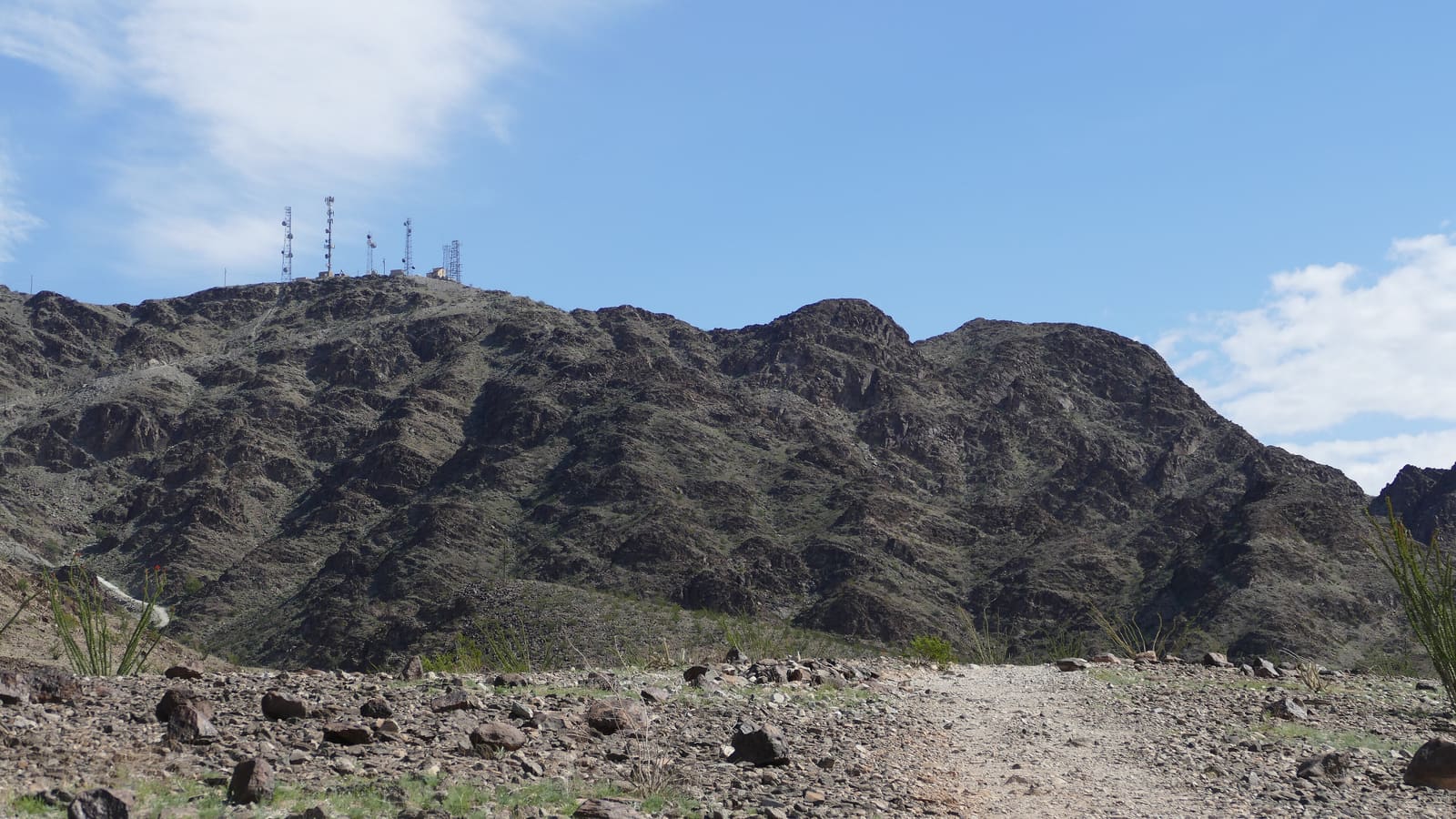 The desert vista and communications towers atop Telegraph Pass near Yuma, Arizona